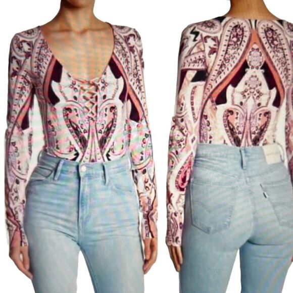 FREE PEOPLE Pick Place Bodysuit Ivory/burgundy, and multi coloring. - Picture 2 of 14